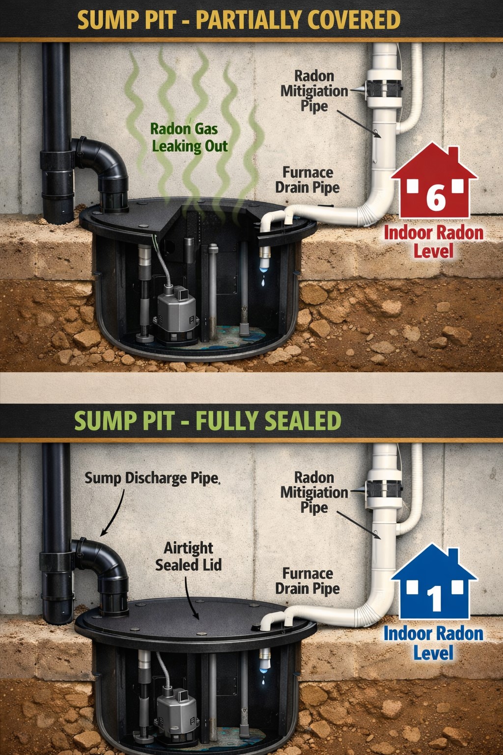 Diagram showing the 6 to 1 radon drop after sealing a sump pit