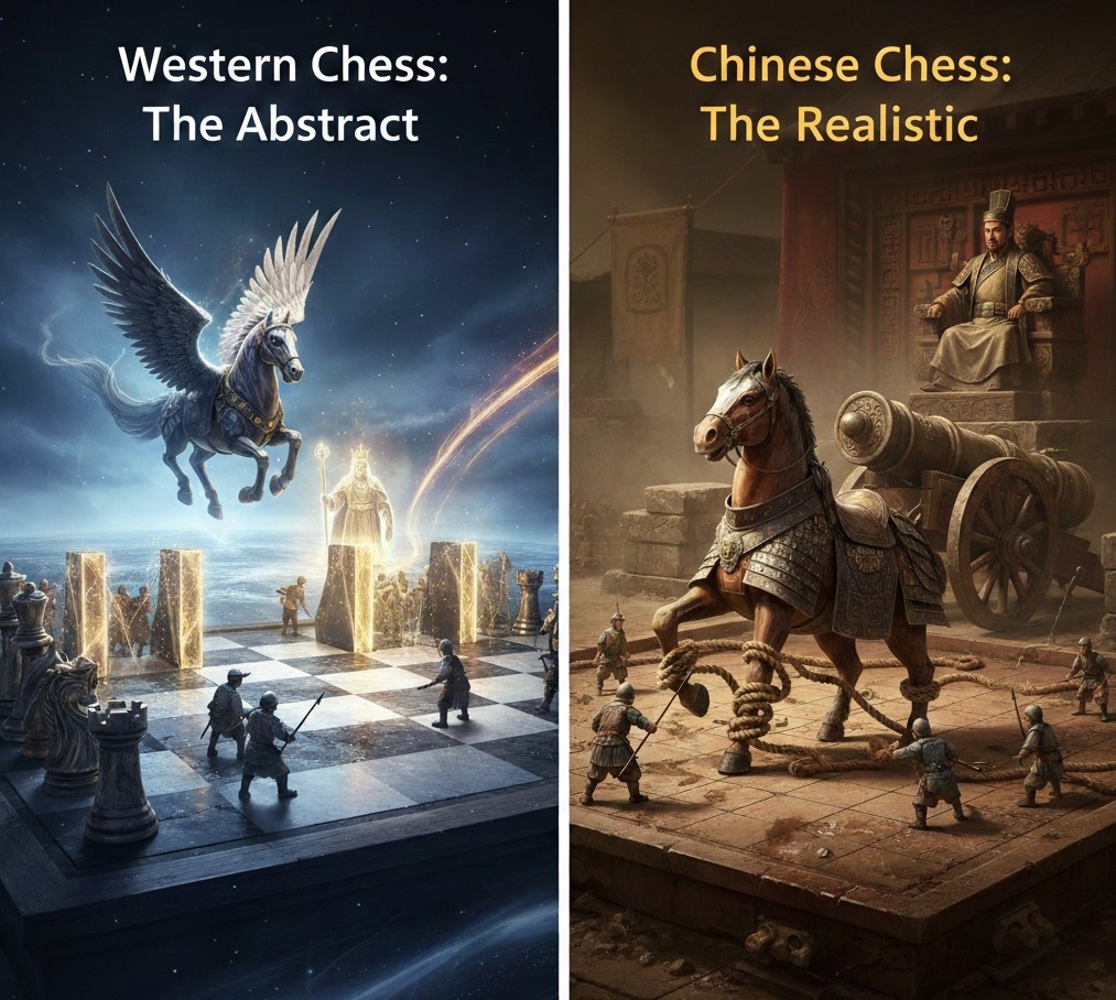Chess vs Xiangqi: Physics vs Puzzles