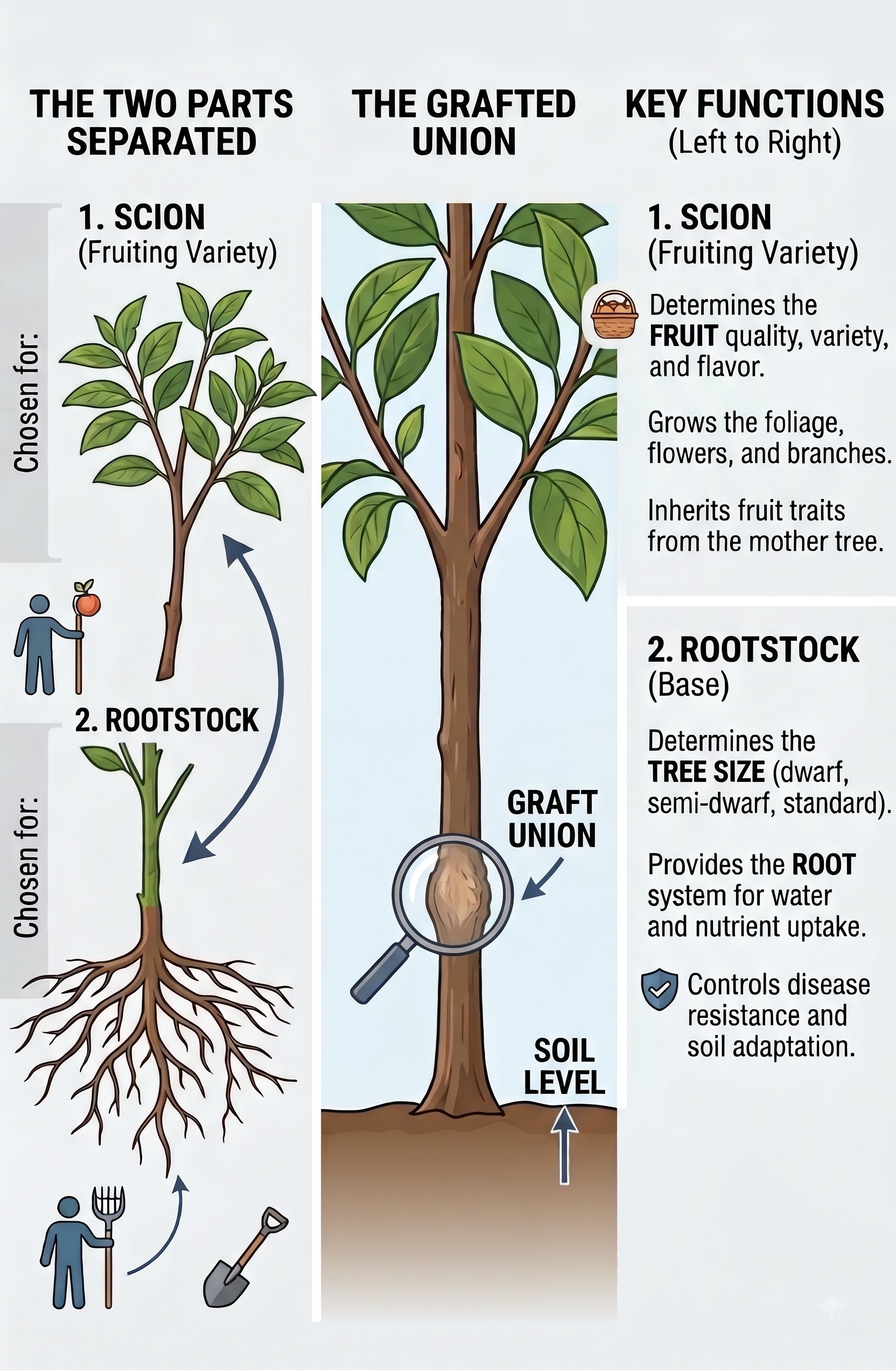 Anatomy diagram of a grafted fruit tree showing scion and rootstock