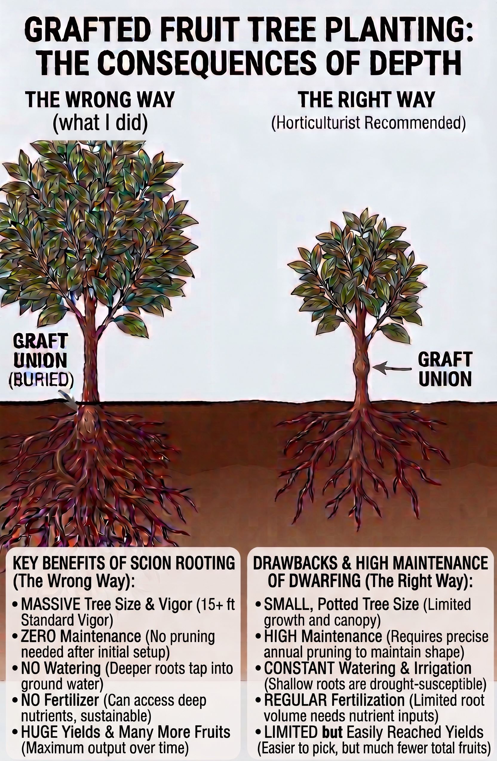 Visual comparison showing the wrong way (buried graft union) versus the right way (exposed graft union)