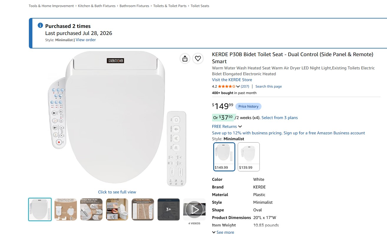 Amazon purchase history confirmation showing two KERDE P30B Bidet Seats bought